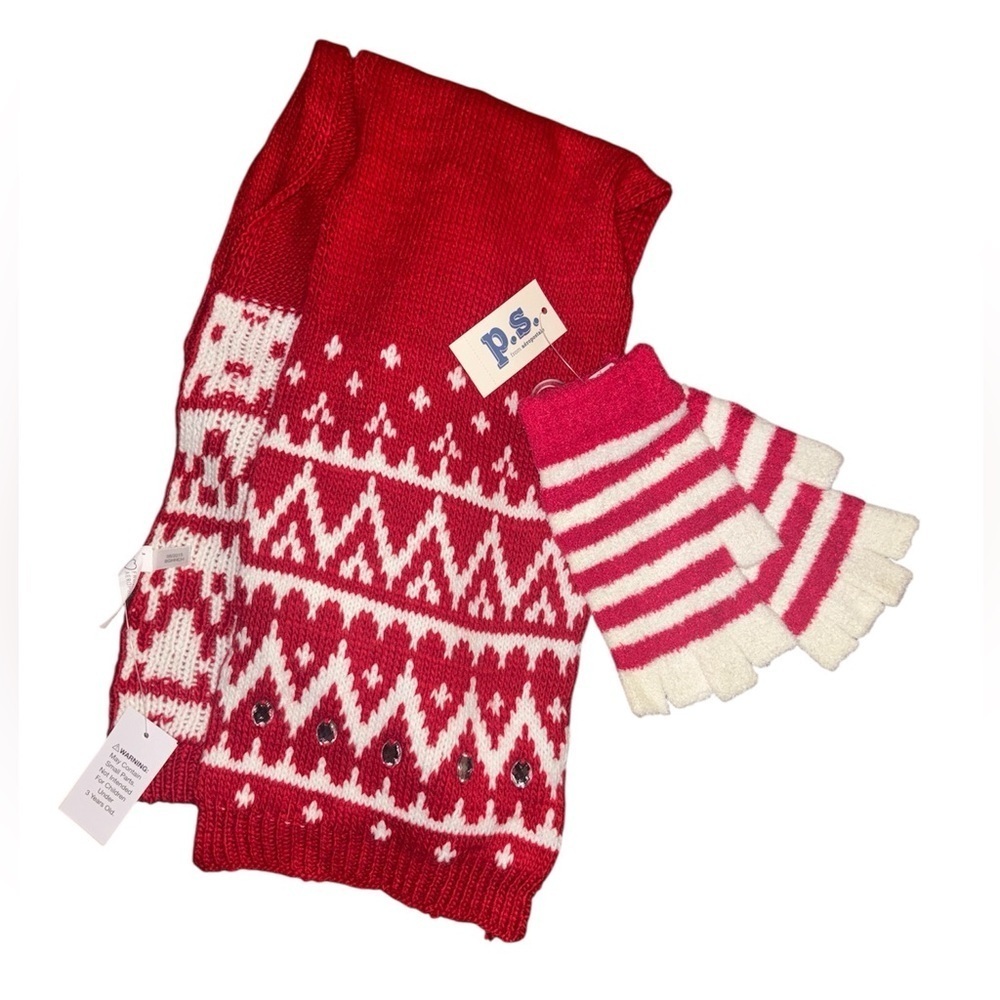 PS by Aeropostale cozy Striped Red and White Kids Scarf & fingerless Gloves set